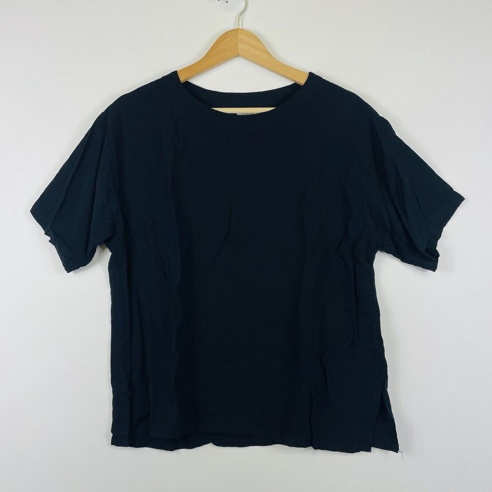 Meng Design Shirt Women Medium Black Rayon Boxy Lagenlook Indie Artsy Minimalist